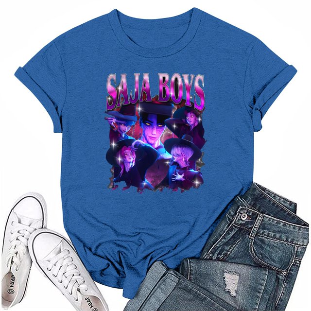 Nvse-KPop Demon Hunters Team T-Shirt – Unisex Short Sleeve Cartoon Graphic Tee for K-Pop and Movie Fans#Blue S