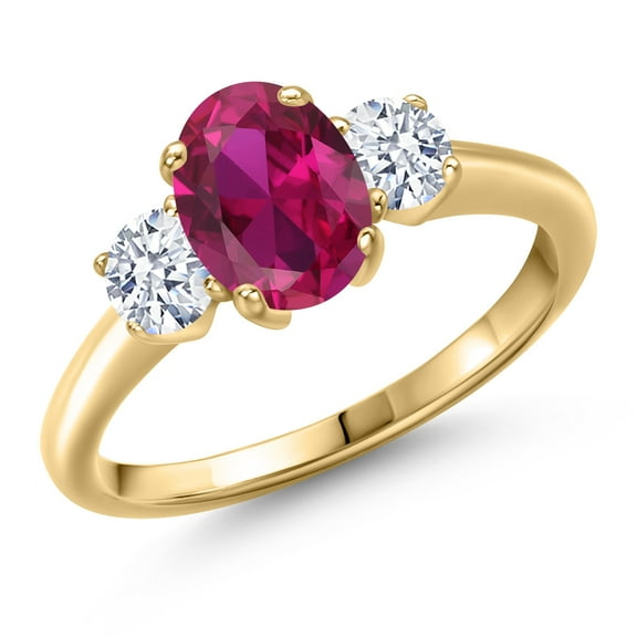 Gem Stone King 10K Yellow Gold Red Created Ruby and White Zirconia Engagement Ring for Women | 1.85 Cttw | Oval 8X6MM | Gemstone July Birthstone | Size 7