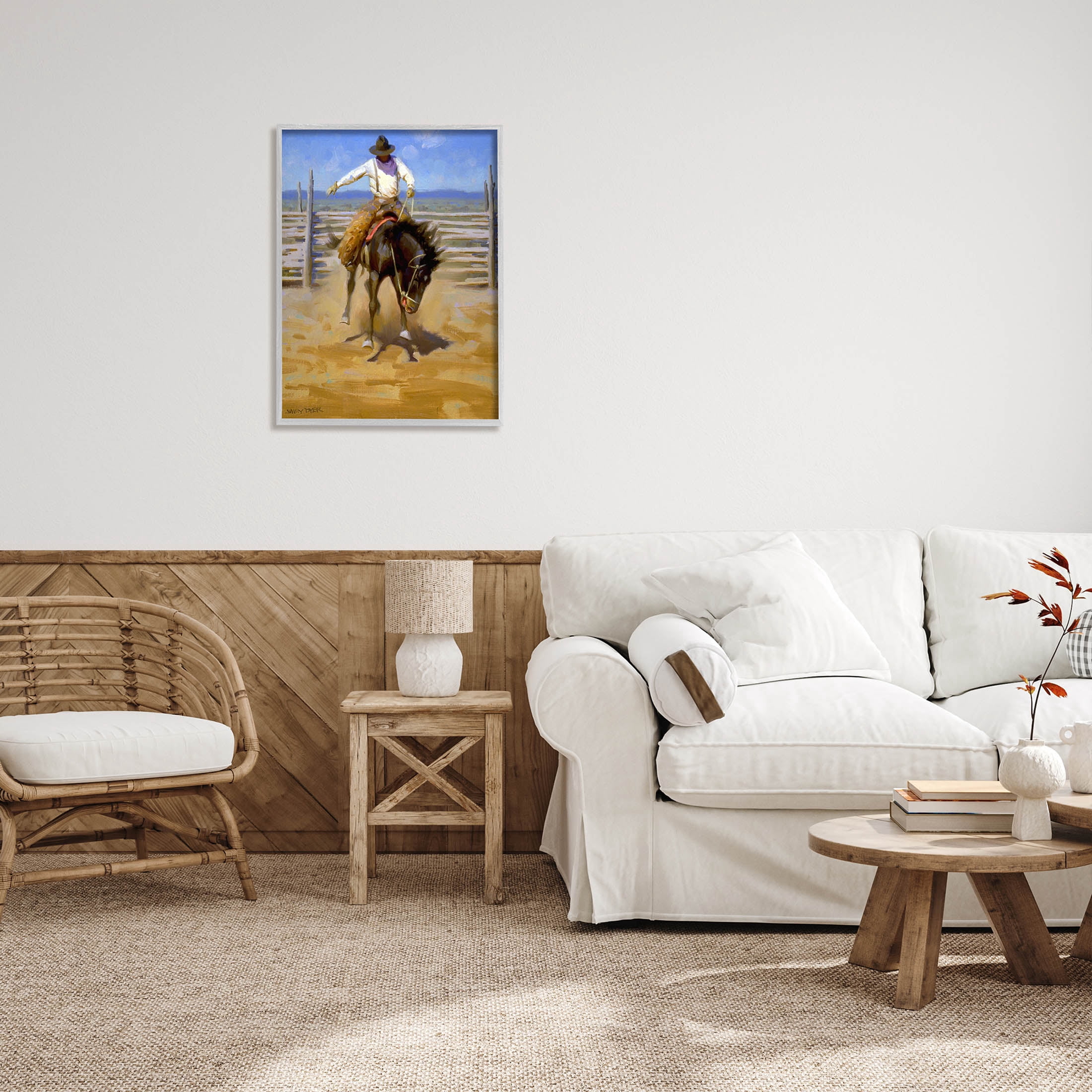 Equestrian Rodeo Horse Jockey Animals & Insects Painting Gray Framed Art Print Wall Art