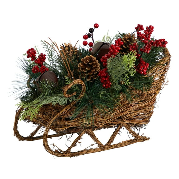 Nearly Natural 18" Christmas Sleigh with Pine Artificial Christmas Decoration, Multicolor