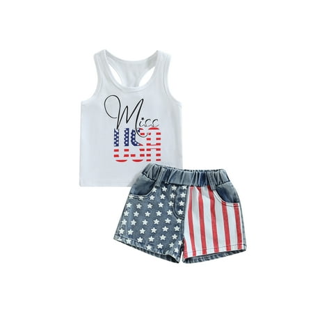 

CenturyX Kids Baby Girls Summer Outfits Set Sleeveless Tank Top and Stars Striped Denim Shorts 2-piece Suit for 4th of July
