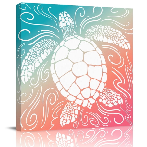 Framed Canvas Wall Art for Living Room Teal Pink Sea Turtle Wall Decor, Coastal Marine Life Waves Aesthetic Paintings for Bedroom Office Kitchen, Ready to Hang Artwork Wall Pictures 8x8 Inch