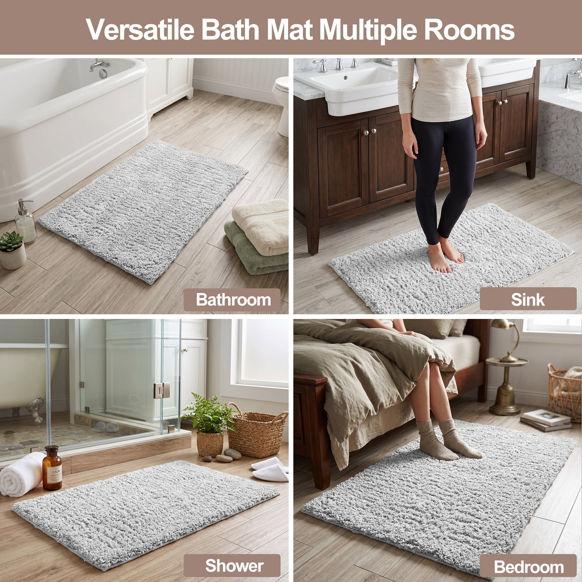 XWZO Bathroom Mat 1 Piece for Shower Floor, High Pile Absorbent Non Slip Bath Rug with Rubber Backing, Light Grey, 20x31 Inch