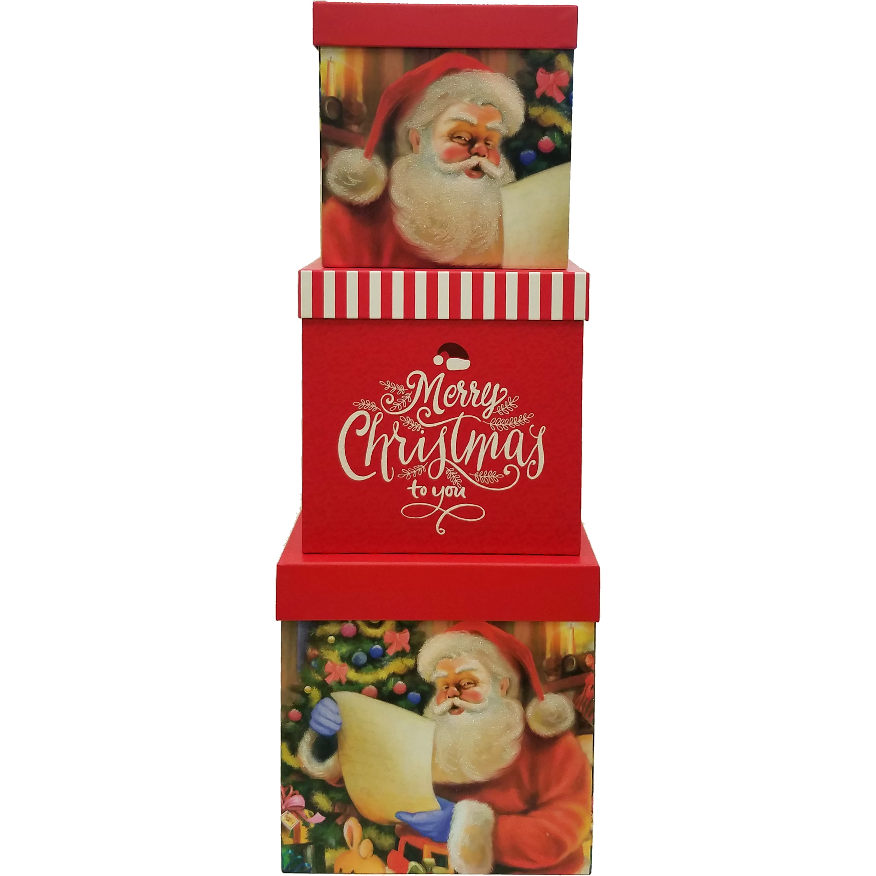 Holiday Time Square Christmas Gift Boxes, Red and White Glitter Santa, 3 Sizes, Set of 3