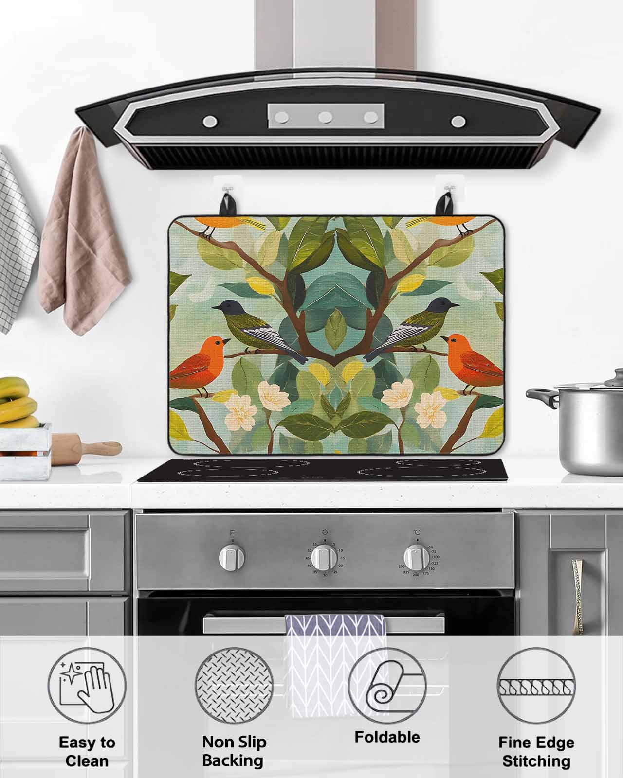 nqOlkjepod Large Induction Cooktop Protector Mat 24"x21", Spring Birds Leaves Stove Top Covers for Electric Stove, Summer Pastoral Botanical Decorative Stove Burner Cover Mats, Glass Top Stove Cover