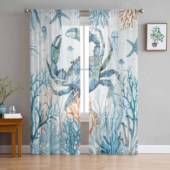 Crab Semi Sheer Curtains 96 Inch Length 2 Panels Set, Blue Coastal Starfish Ocean Coral Nautical Sheer Kitchen Curtain Privacy Voile Window Curtain for Living Room Bedroom Rod Pocket Drapes