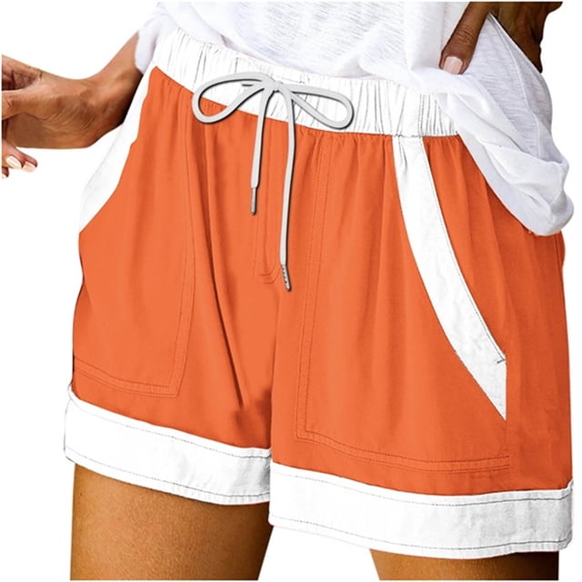 Plebaso Womens Summer Shorts Color Block Drawstring Casual Shorts Loose Activewear Shorts with Pockets
