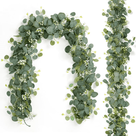 NAISHIER 2 Pcs Artificial Eucalyptus Garland with Flowers,Hanging Plants,Faux Silver Dollar Eucalyptus Greenery Garland Vines for Home Wedding Party Wall Decor