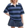 thumbnail image 2 of KDDYLITQ Striped Shirt Women Oversized V Neck Casual Polo Shirts Short Sleeve Rugby Collared Pullover Loose Fit Tops Blue 2XL, 2 of 5