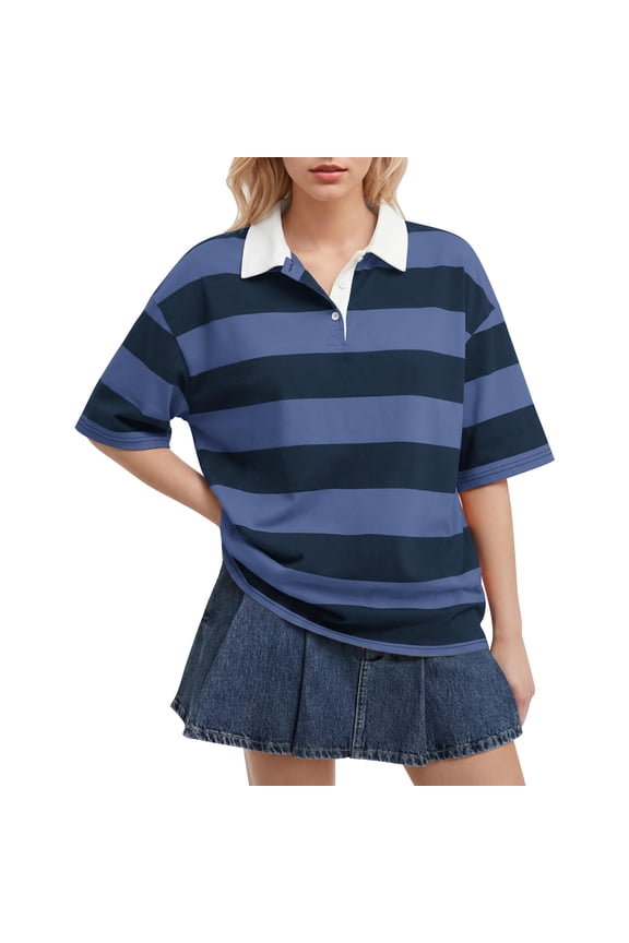 Women's Rugby Shirt Striped Polo Shirts Oversized Short Sleeve Lapel V Neck Tee Summer Pullover Tops Blue 2XL