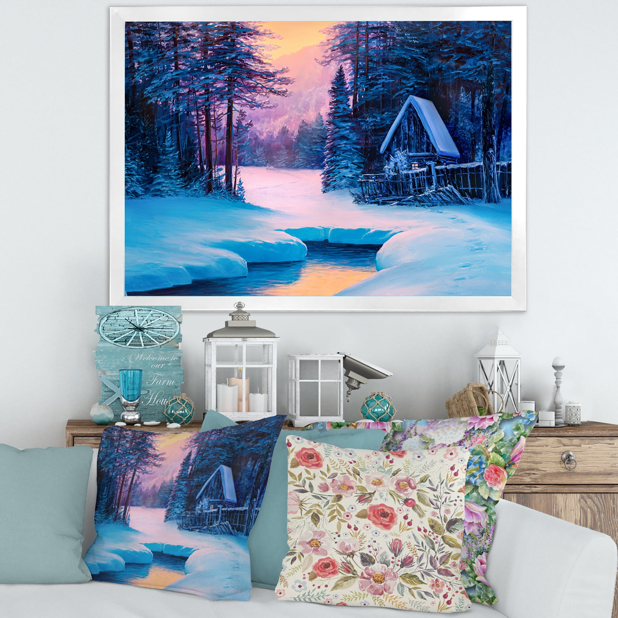 Designart 'The River House In The Woods and Winter Landscape II' Lake House Framed Art Print