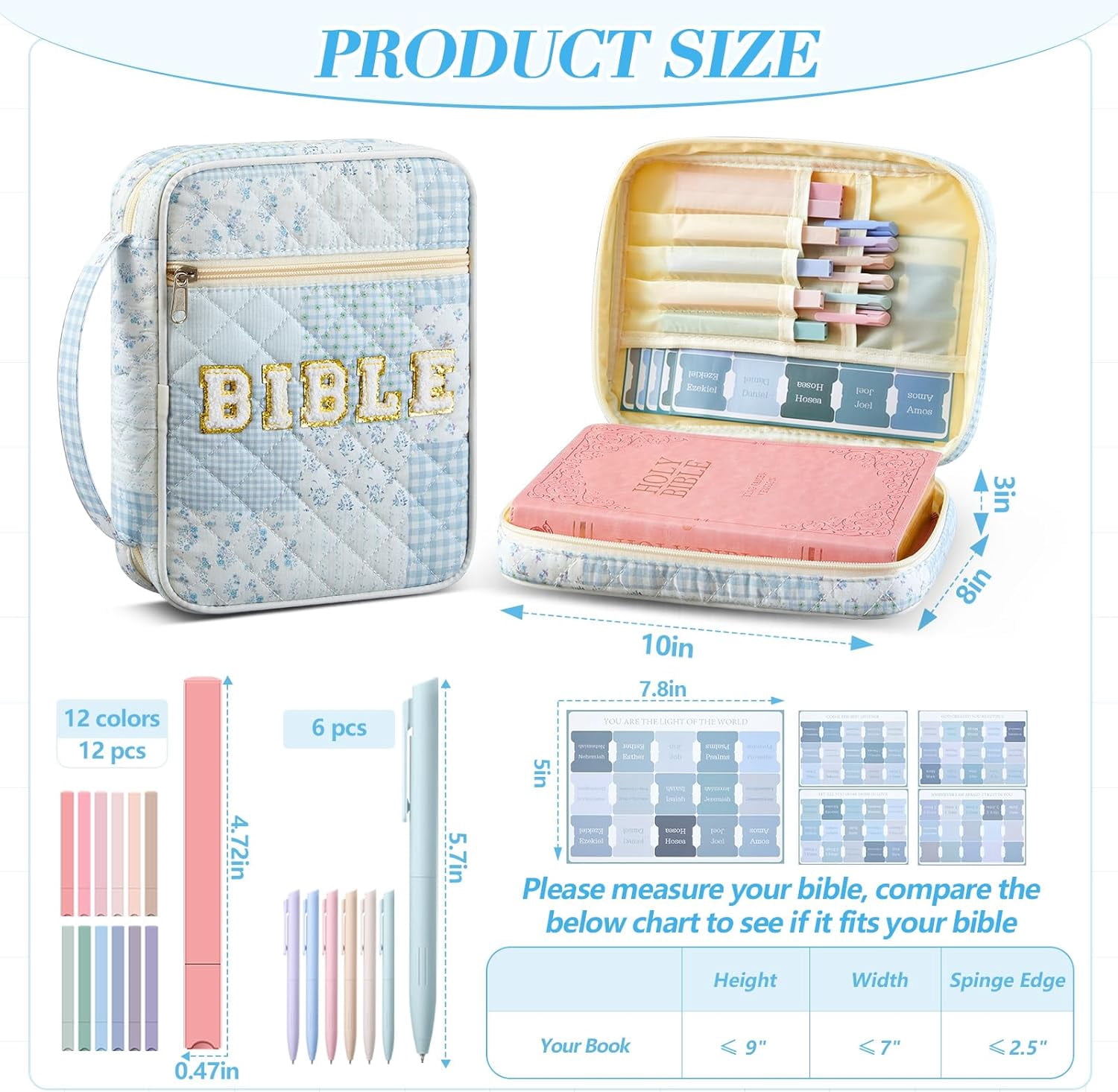 Quilted Bible Cover Case for Women Large Carrying Bag Book Tote Bags Bible Bag with Handle Bible Study Supplies Christian Gifts  for Church Religious with Organizer Tabs 6 Colored Pens 6 Highlighters