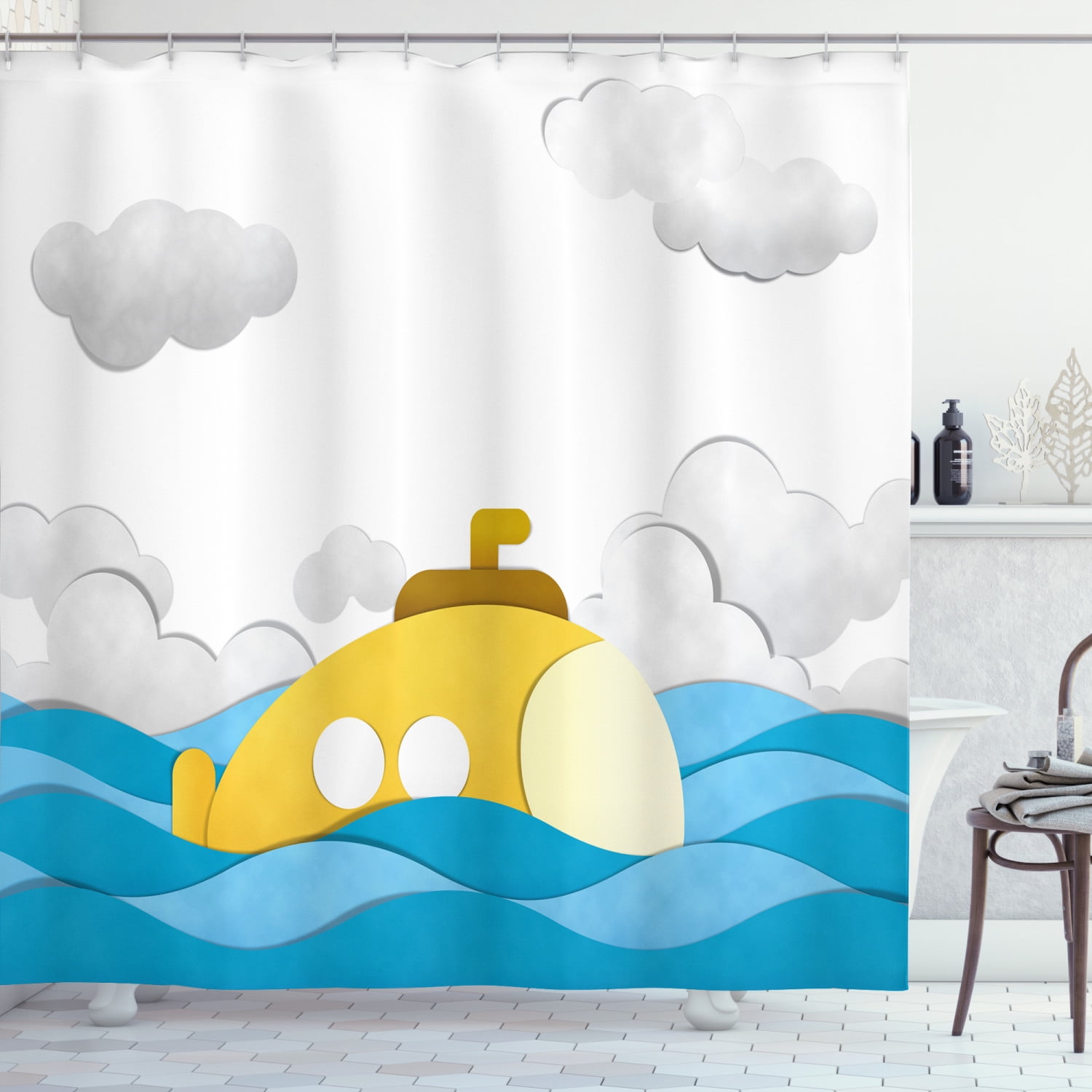 Yellow Submarine Shower Curtain, Submarine over the Wavy Sea and the
