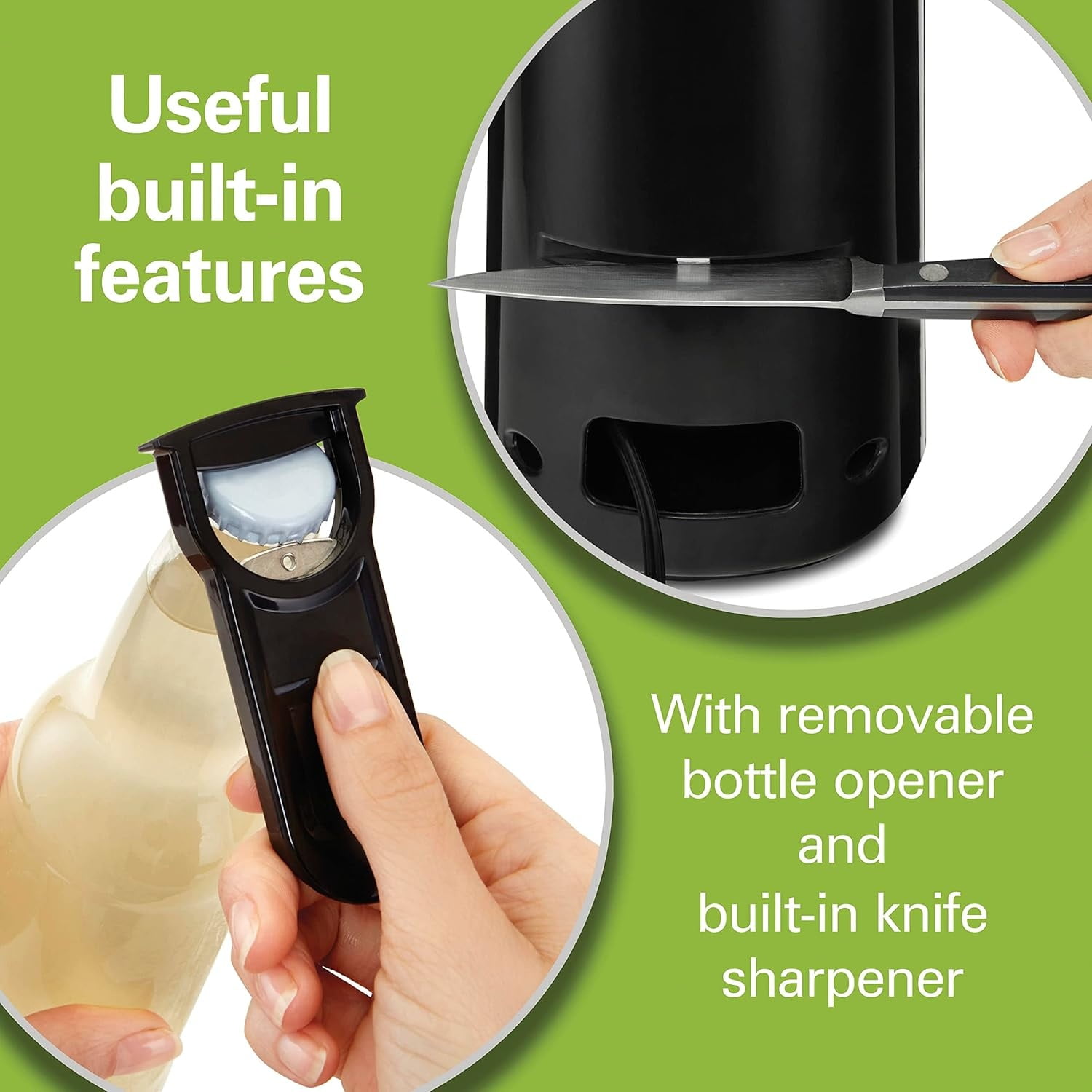 Smooth Touch Electric Automatic Can Opener Easy Push Down Lever, For All Standard-Size and Pop-Top, Extra Tall, With Bottle Opening Accessory and Built-In Knife Sharpener, Black