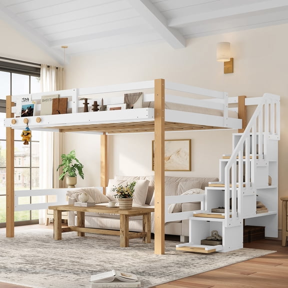 Bellemave Full Size Wooden Loft Bed with Staircase & Clothes Hook & Built-in Storage Shelves, Ample Under-bed Spaces Loft Bed for Kids Teens Adults (White Natural)