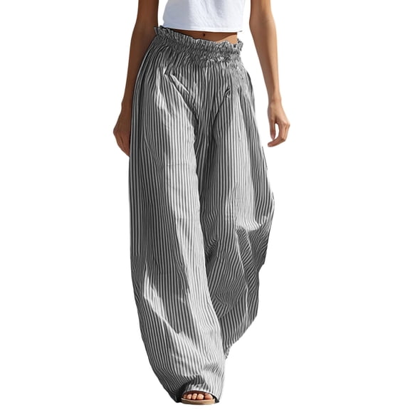 Lmueinov Women's 100% Polyester Smocked High Waist Vertical Stripe Wide Leg Pants, Loose Flowy Palazzo Trousers for Daily Vacation Wear S-3XL