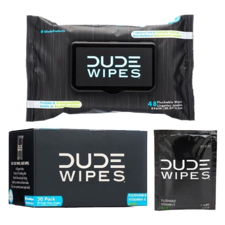 DUDE Wipes - Flushable Wipes - 48 Count Dispenser and 30 Single Wipes - Unscented Extra-Large Adult Wet Wipes - Individually Wrapped & Dispenser - Vitamin-E & Aloe