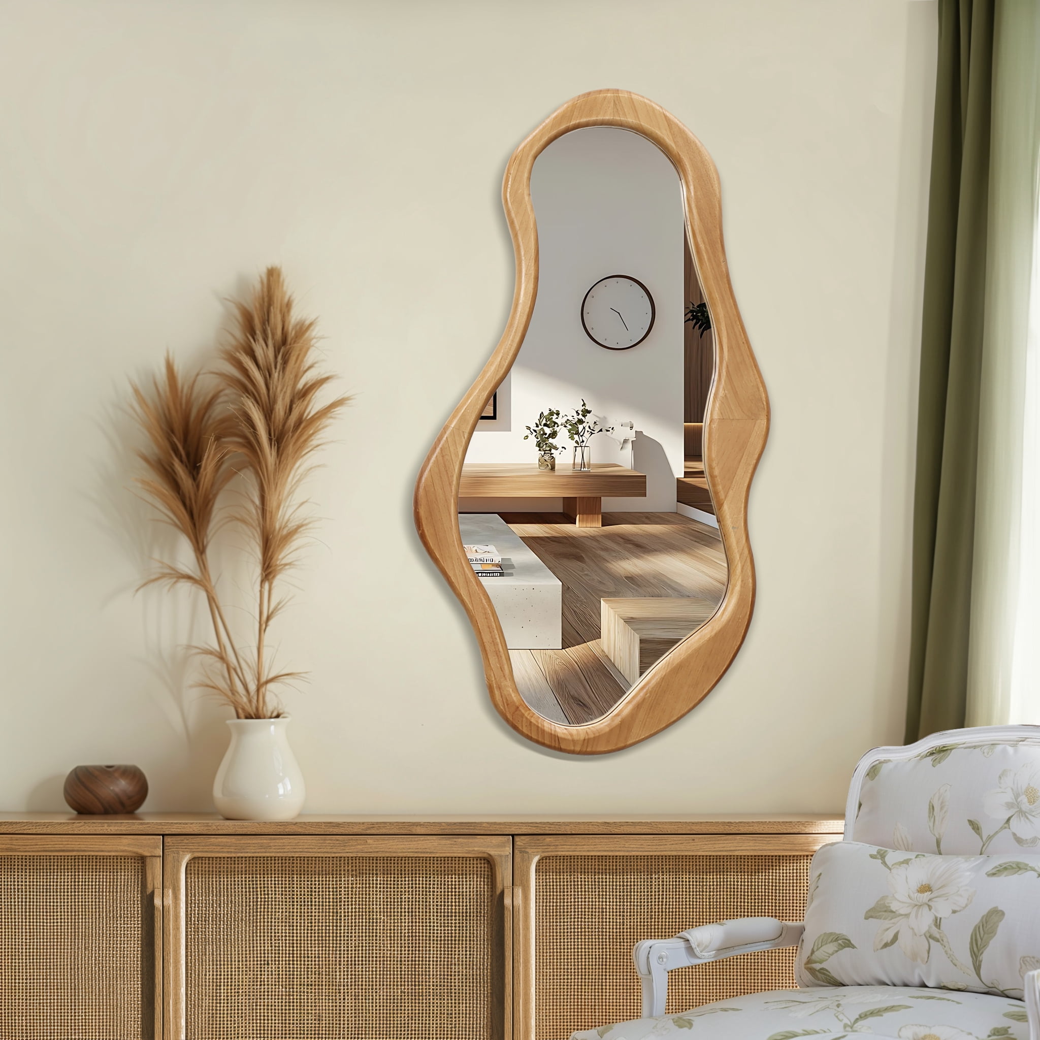 LuxenHome Natural Pine Wood Frame Irregular Oval Wall Mirror Decor Wall Mounted Accent Vanity Mirror