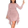 thumbnail image 2 of Bescita Women's Round Neck Irregular Ruffle Ruched Long Sleeve Dresses Clearance Sales, 2 of 5