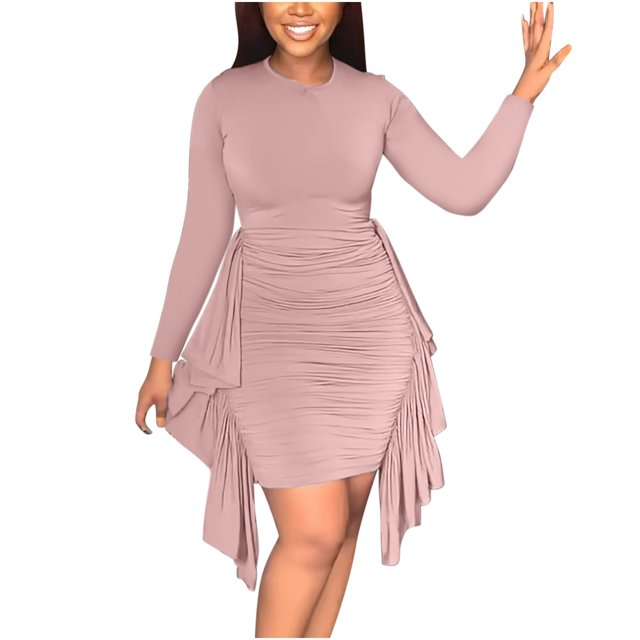 Long Sleeve Summer Dress Womens Casual Solid Round Neck Irregular Ruffle Ruched Long Sleeve Dresses Womens Long Dresses Summer Womens Dresses Casual Summer Womens Casual Dresses Summer