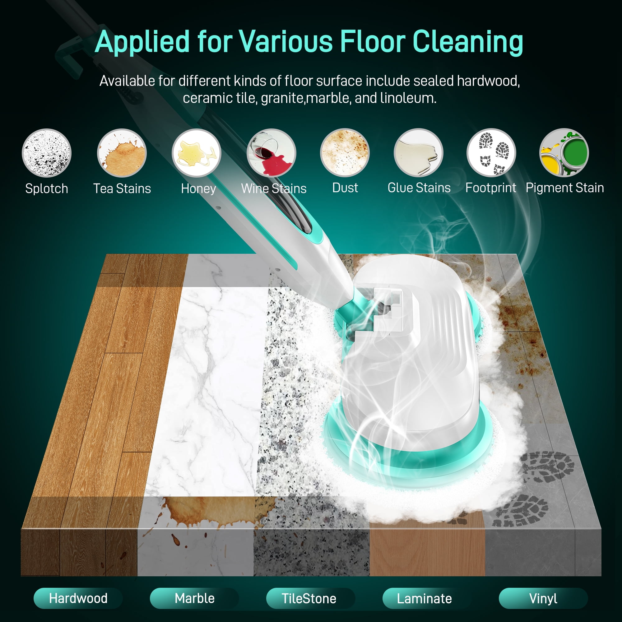 Angtra Scrubbing Steam Mop with Rotating Mop Pads All in One Hard Floor Cleaner with LED Headlights Steam Swivel Steering
