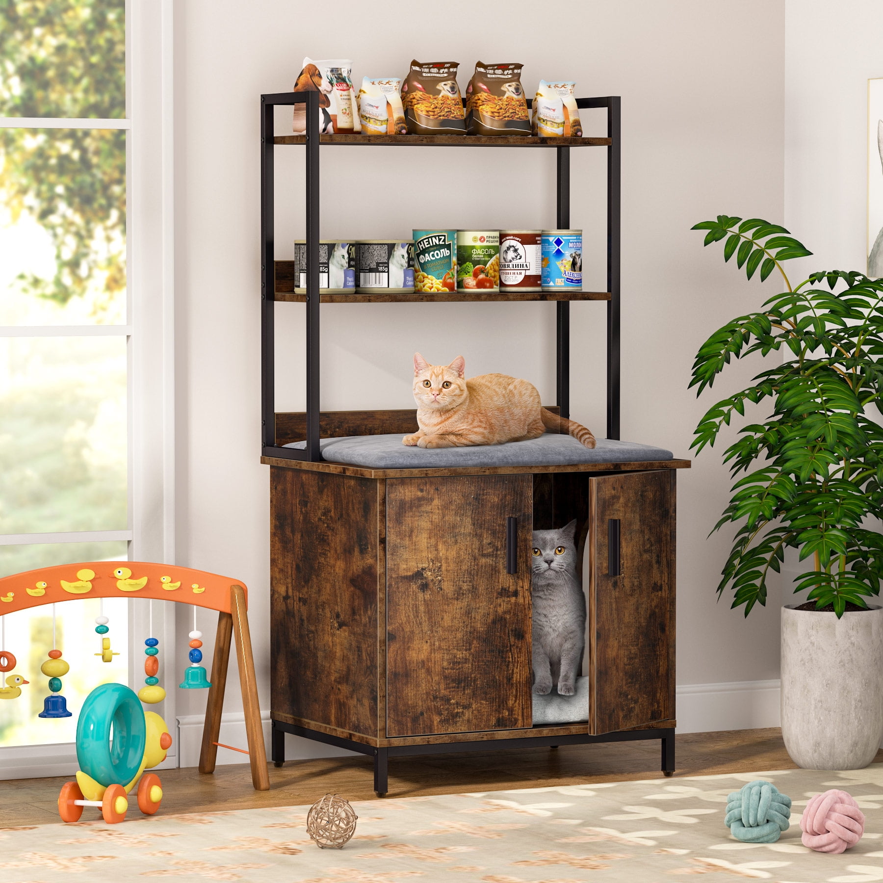 BYBLIGHT Kellum Rustic Brown Litter Box Enclosure, Industrial Cat Cabinet with Shelves and Doors, Wood Pet Crate Hidden Washroom