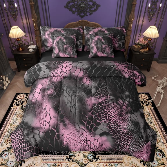 Homewish Adults Female Men Abstract Snake Pattern Twin Bedding Sets 7-Piece,Gradient Animal Print Bedding Comforter Set Microfiber,Vintage Retro Ombre Aesthetic Breathable Sheet Sets