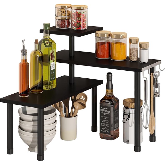 Estante de esquina para cocina, organizador de encimera con ganchos, estante ajustable para especias, estante de exhibición de esquina, estante para gabinete, estantes de mostrador (negro)