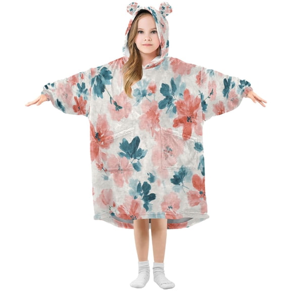 Wearable Blanket with Sleeves and Pocket Oversized Hooded Sweatshirt 3-14 YR Coral and Teal Floral Pattern S