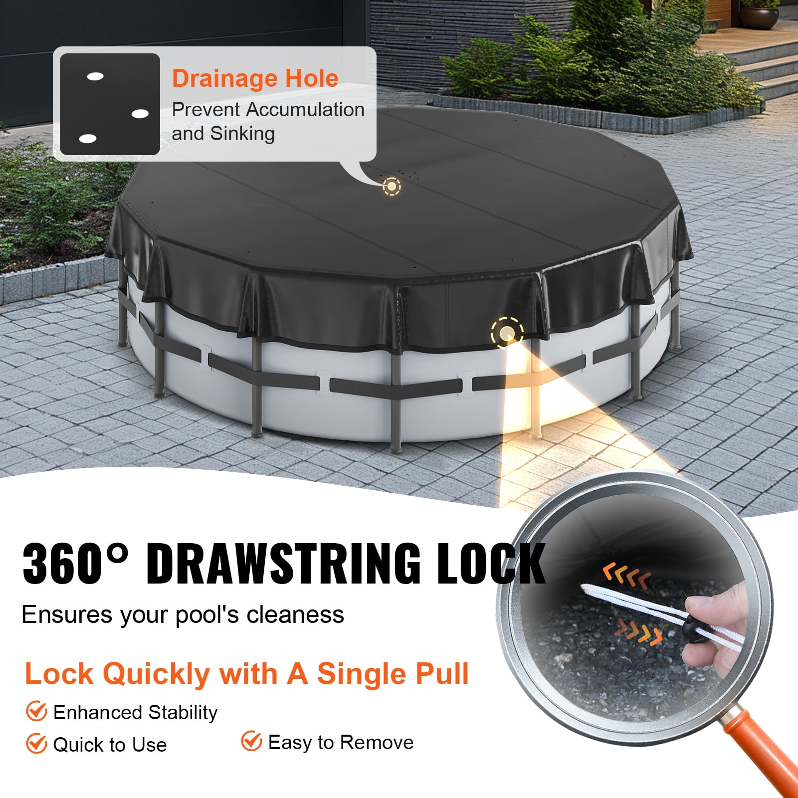 SKYSHALO Round Pool Cover, 18 Ft PVC Swimming Round Pool Solar Cover Above Ground Drawstring Design Inflatable Pools Cover, Black