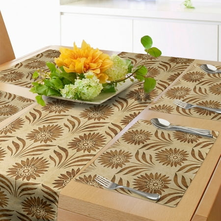 

Retro Table Runner & Placemats Art Deco Inspired Prehistoric Pattern of Repeating Flowers with Faded Effect Set for Dining Table Placemat 4 pcs + Runner 16 x90 Beige and Caramel by Ambesonne