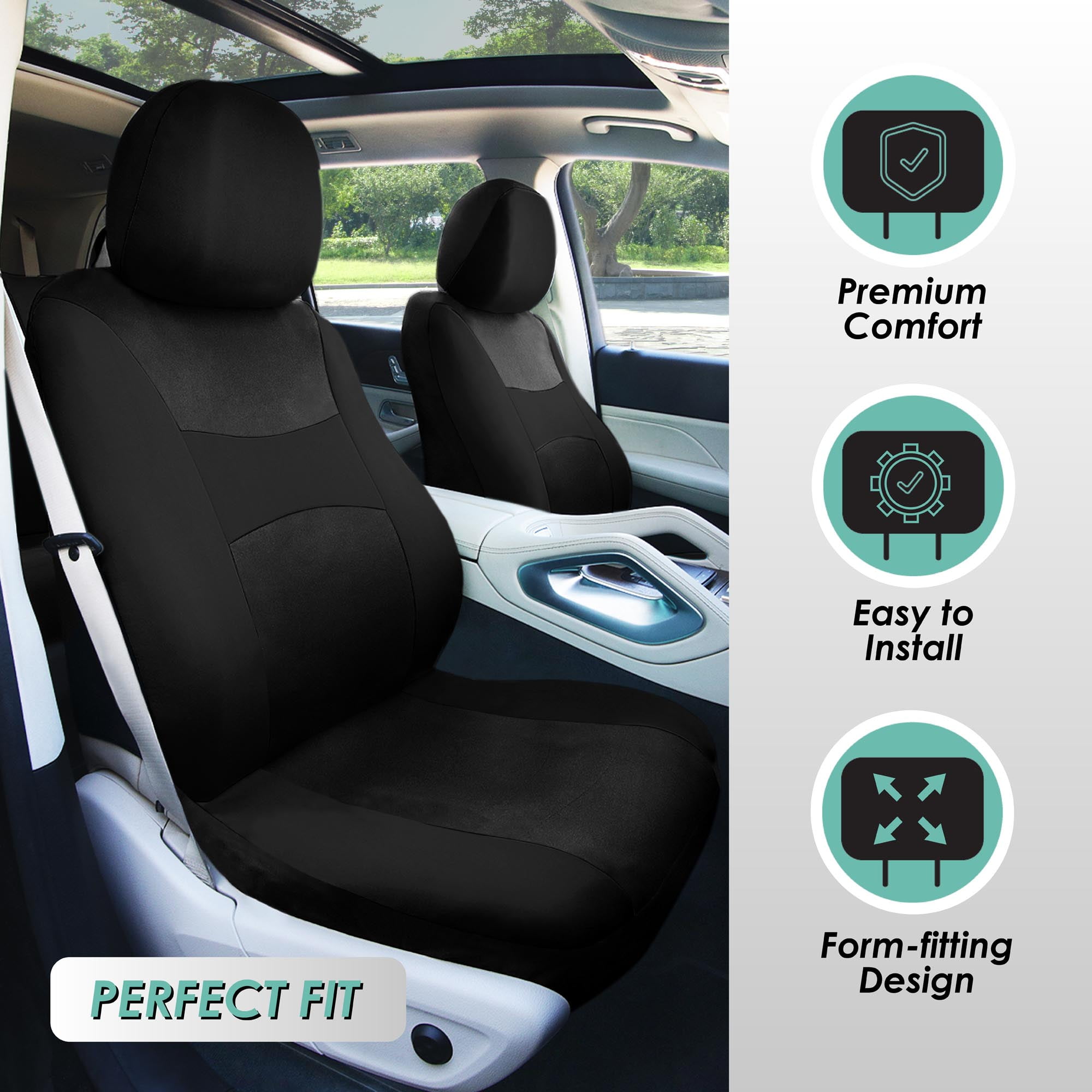 FH Group Universal Fit Cloth Car Seat Covers w/ Steering Cover & Belt Pads Full Set Black
