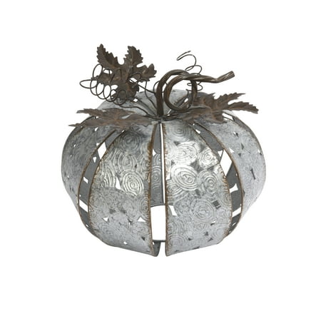 Gerson 11.42-Inch Patterned Cut Out Silver Metal Pumpkin with Leaves