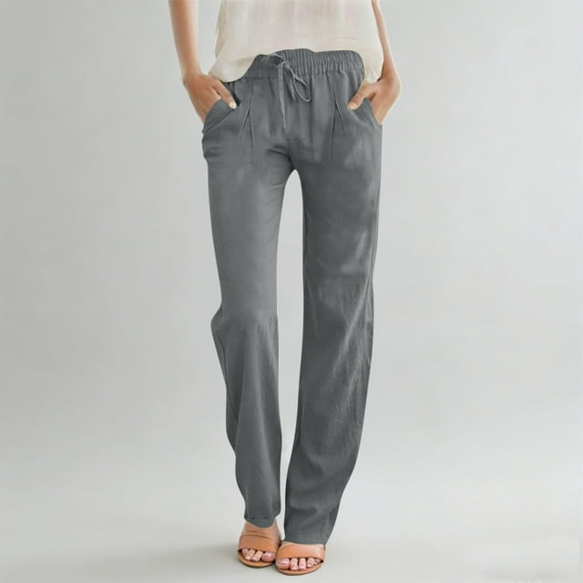 Karight Cotton Linen Pants Women Casual Straight Leg Drawstring Elastic Hight Waist Trousers Pockets Loose Palazzo Pants