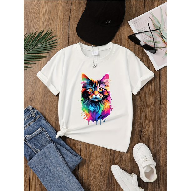 Camisetas de verano, con gatitos coloridos, estilo casual regular, disponibles en varios colores.