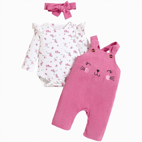 masbird Baby Girl Clothes Newborn Infant Outfits Ruffle Ribbed Romper Floral Pants Headband Sets for Girls 3pcs,Hot Pink,3-6 M