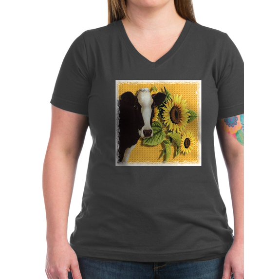 CafePress - Cow Sunflower Women's V Neck T Shirt - Women's V-Neck Dark T-Shirt