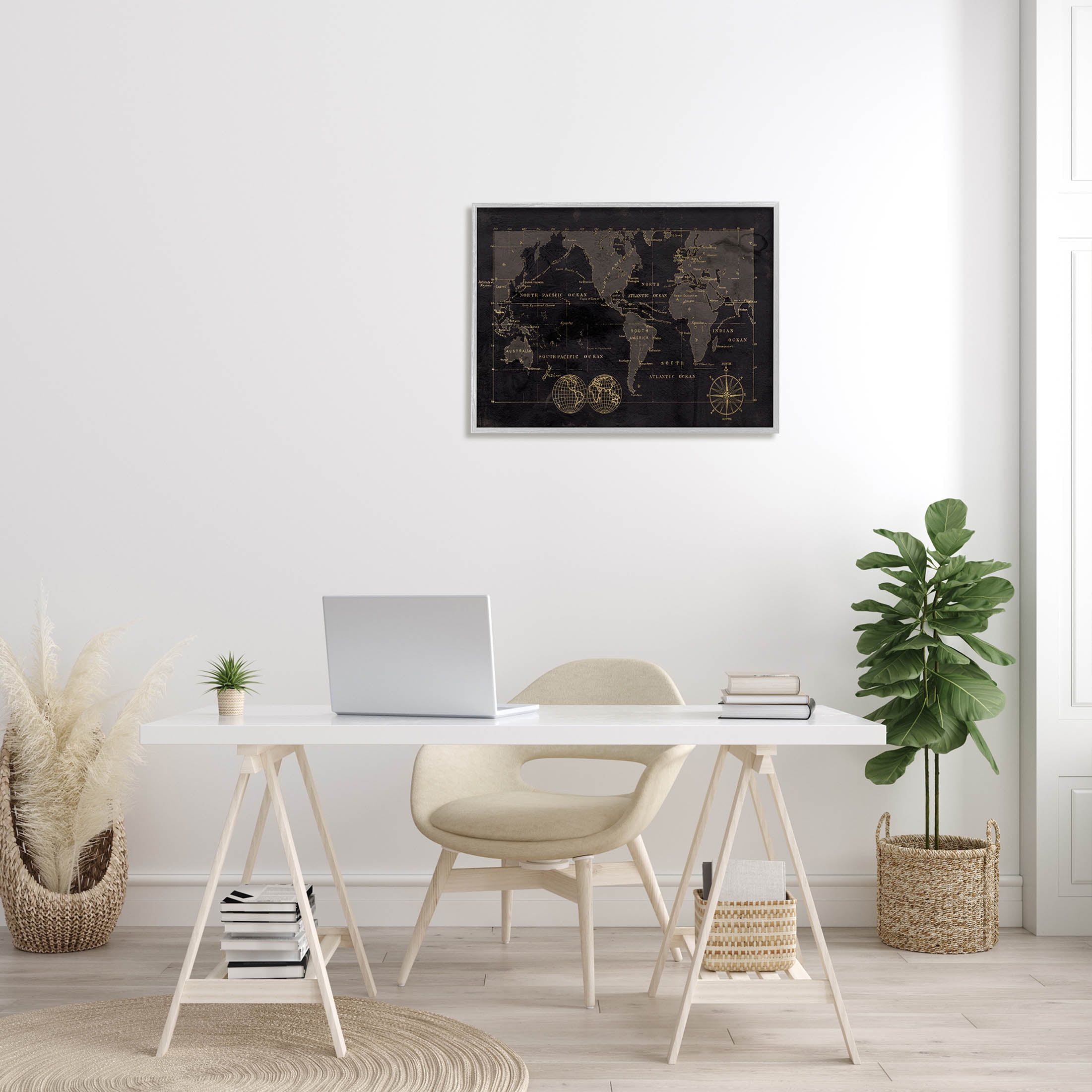 Stupell Industries Black Detailed World Map Graphic Art Gray Framed Art Print Wall Art, Design by Carol Robinson