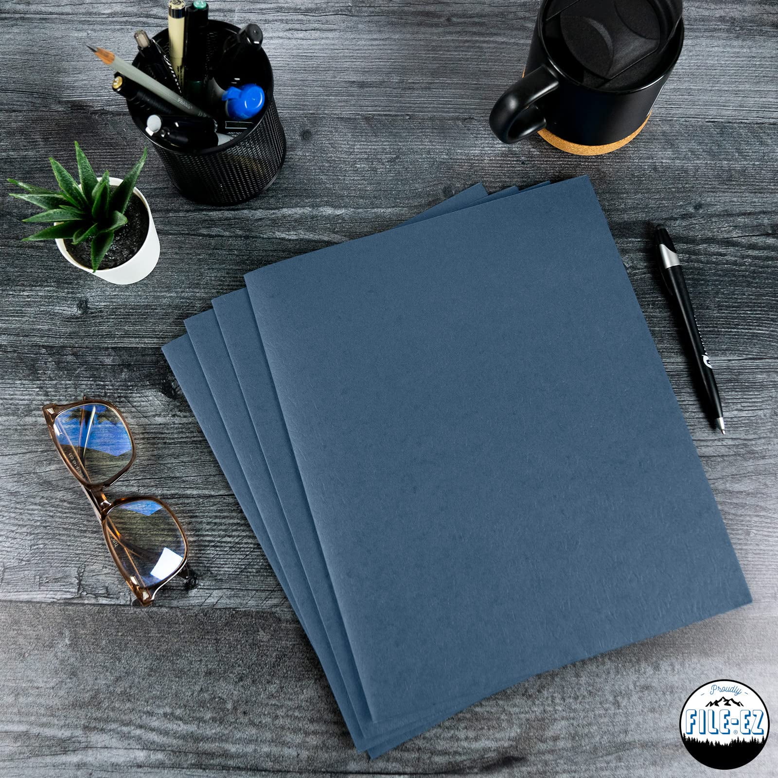 FILE-EZ Two-Pocket Folders, Dark Blue, 125-Pack, Textured Paper, Letter Size (EZ-52423)