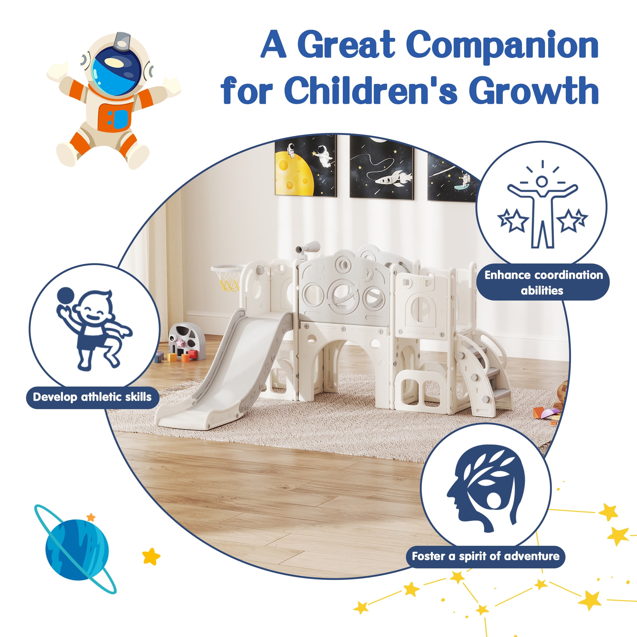Kinsuite 8-in-1 Toddler Slide Set - Stair Slide for Toddlers 1-3 with Basketball Hoop, Ball, Storage Space & Telescope, Astronaut-Themed Indoor & Outdoor Playground Playset (Grey)