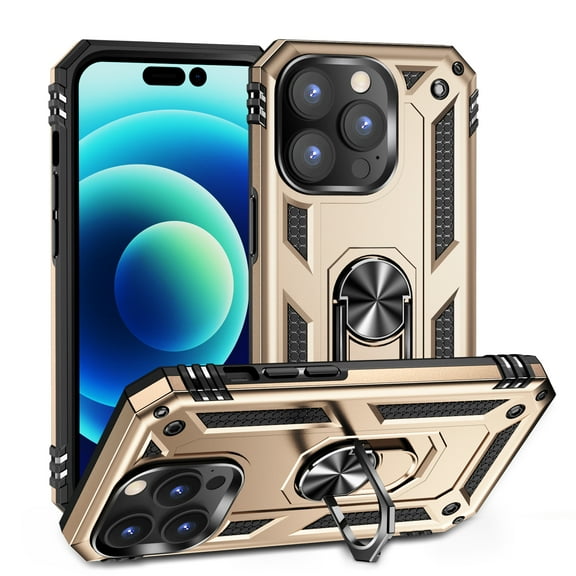 Feishell Hybrid Armor Phone Case for Apple iPhone 16 Plus,Military Grade Shockproof 360 Rotatable Metal Ring Holder Kickstand Support Magnetic Car Mount Dual Layer Protective Phone Cover,Gold