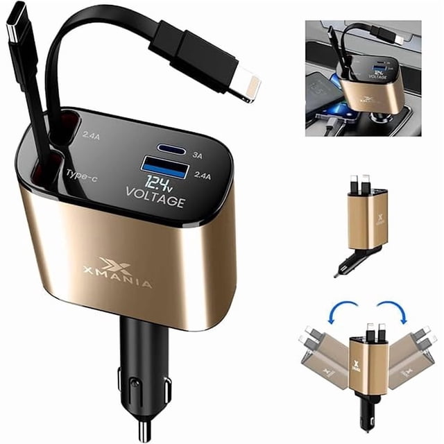 Chenchen Retractable Car Charger - 4 in 1 Fast Car Phone Charger, 120W, 2 Retractable Cables, 2 USB Ports & Voltage Display, Compatible with iPhone 16/15/14/13/12/11 Series, Galaxy, Pixel, Gold