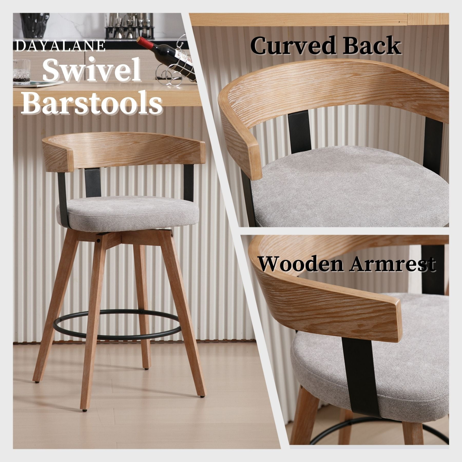 Dayalane Mid Century Modern Bar Stools Set of 1, 26" Swivel Counter Stools with Barrel Back, Linen Upholstered Barstools with Wood Legs for Kitchen Island, Dining Room, Home Bar, Grey