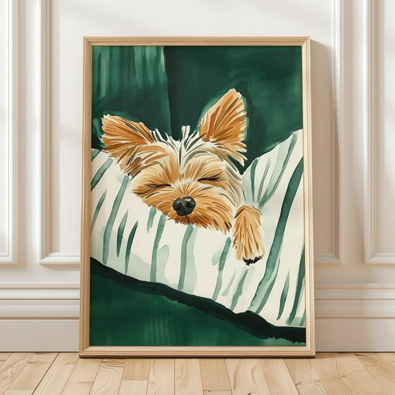 Sleeping Dog Wall Art, Yorkie Print For Pet Lovers, Modern Animal Art For Living Room, Minimalist Green Dog Decor Art Wall Art, Modern Wall Decor, 8x12 UNFRAMED