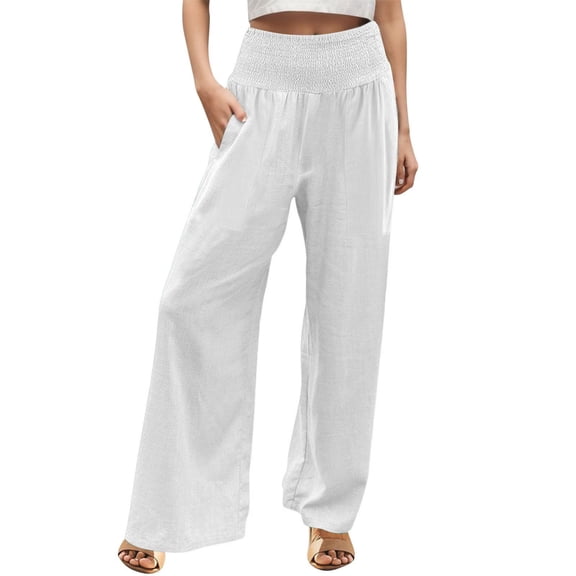 yunLCZ Pants for Women High Waisted Linen Pants Women Summer Wide Leg Pants Drawstring Elastic Waist Pants High Waisted Pants Casual Beach Trousers