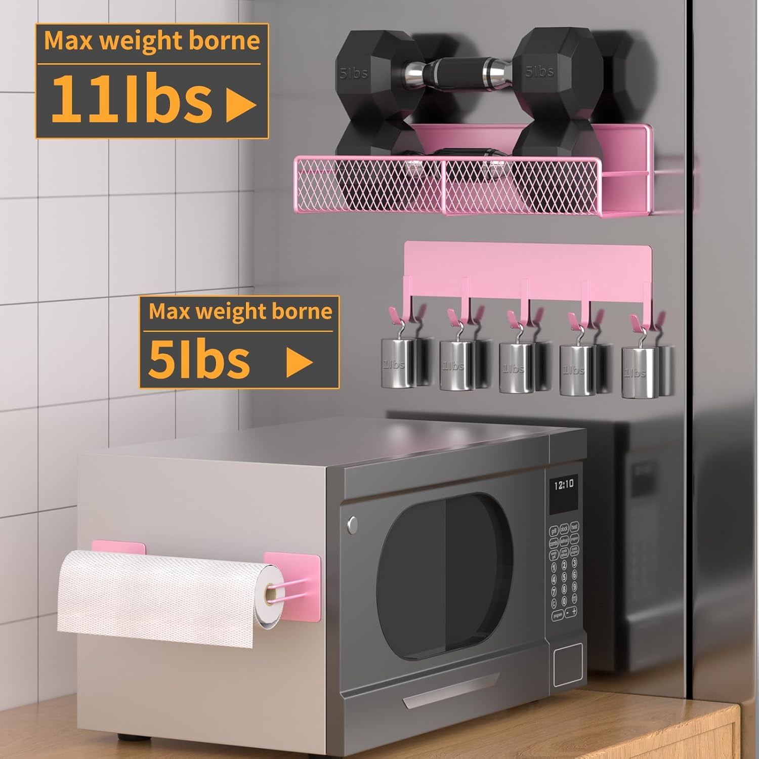 Magnetic Spice Rack for Refrigerator, 10 Pack Metal Magnetic Shelf, Moveable Spice Organizer with Hook Rack, Paper Towel Holder, Kitchenware Holder, Strong Magnetic Storage Fridge Organizer Pink