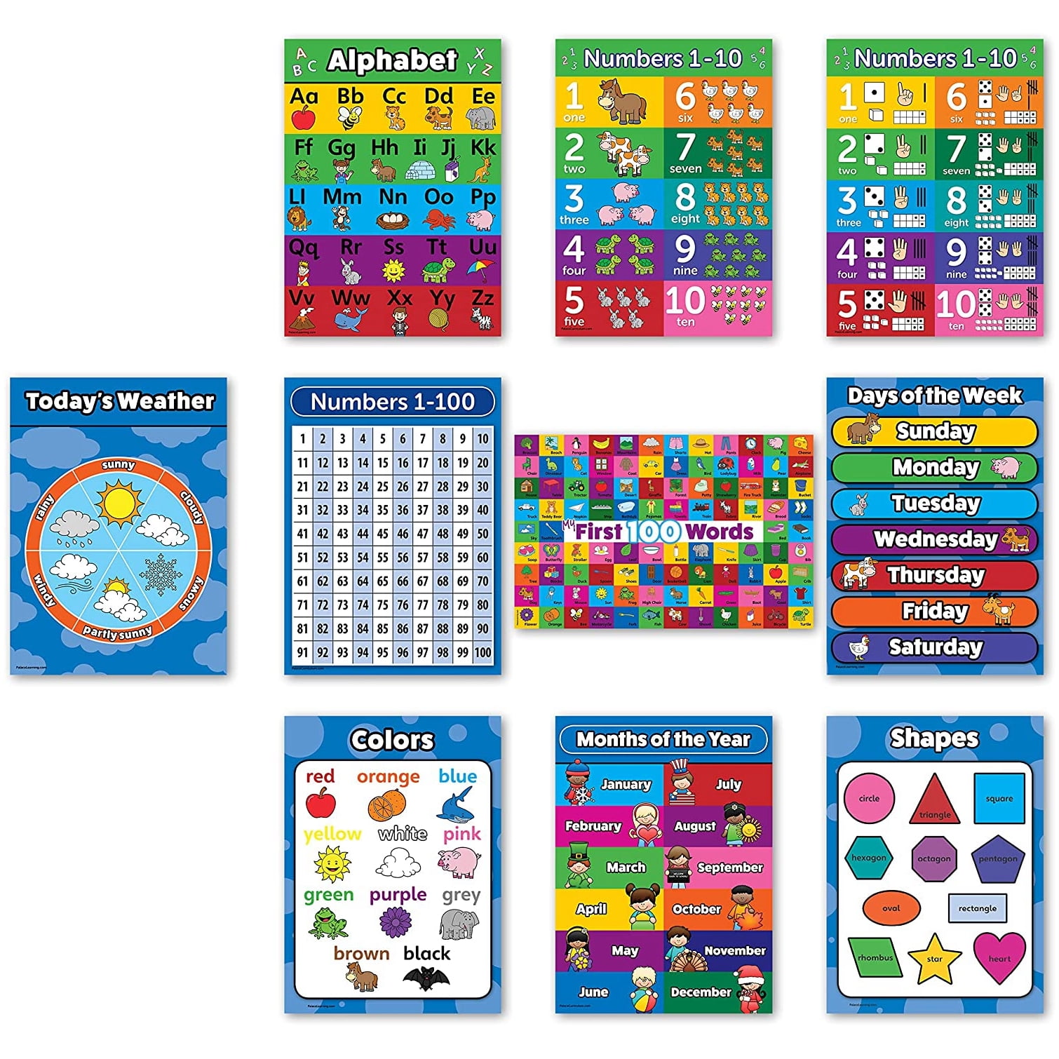 Toddler Learning Poster Kit 10 Large Educational Wall Posters For Preschool Kids Abc Alphabet Numbers 1 10 Shapes Colors Numbers 1 100 Days Of The Week Months Of The Year 18