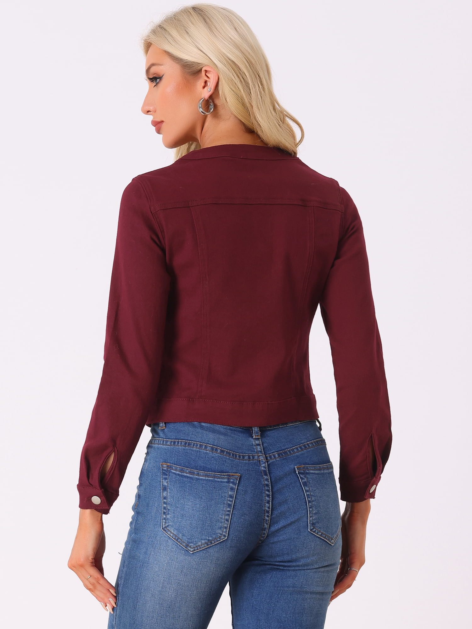DARING DIVA Women's Button Down Collarless Cropped Denim Jacket L Dark Red