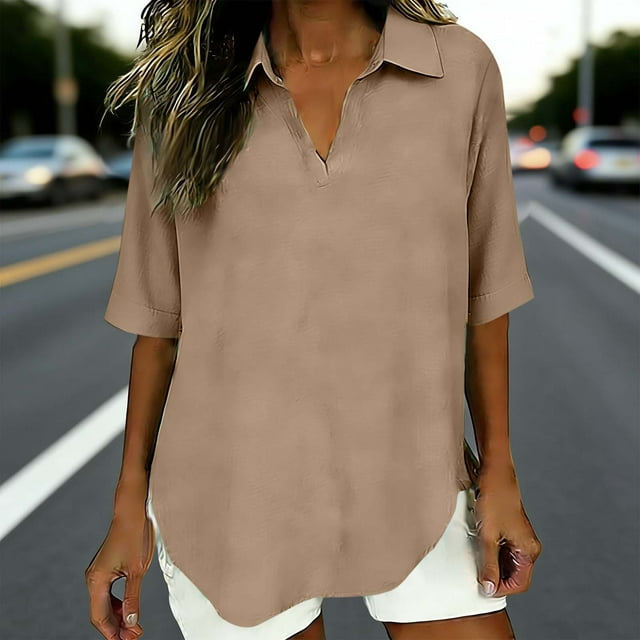TaTaai Women's Linen Feel Short Sleeve, Textured Top with Collar Design, Wrinkled Blouse for Spring Summer Season Gift