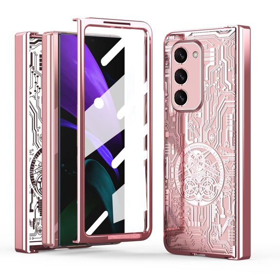 MonsDirect for 7.6 inch Samsung Galaxy Z Fold 2 5G 2020 Case, Mechainical Gear Clear Plating Frame Hard PC Back Shell With Screen Protector, Slim Folding Hinge Protection for Galaxy Z Fold 2, Pink